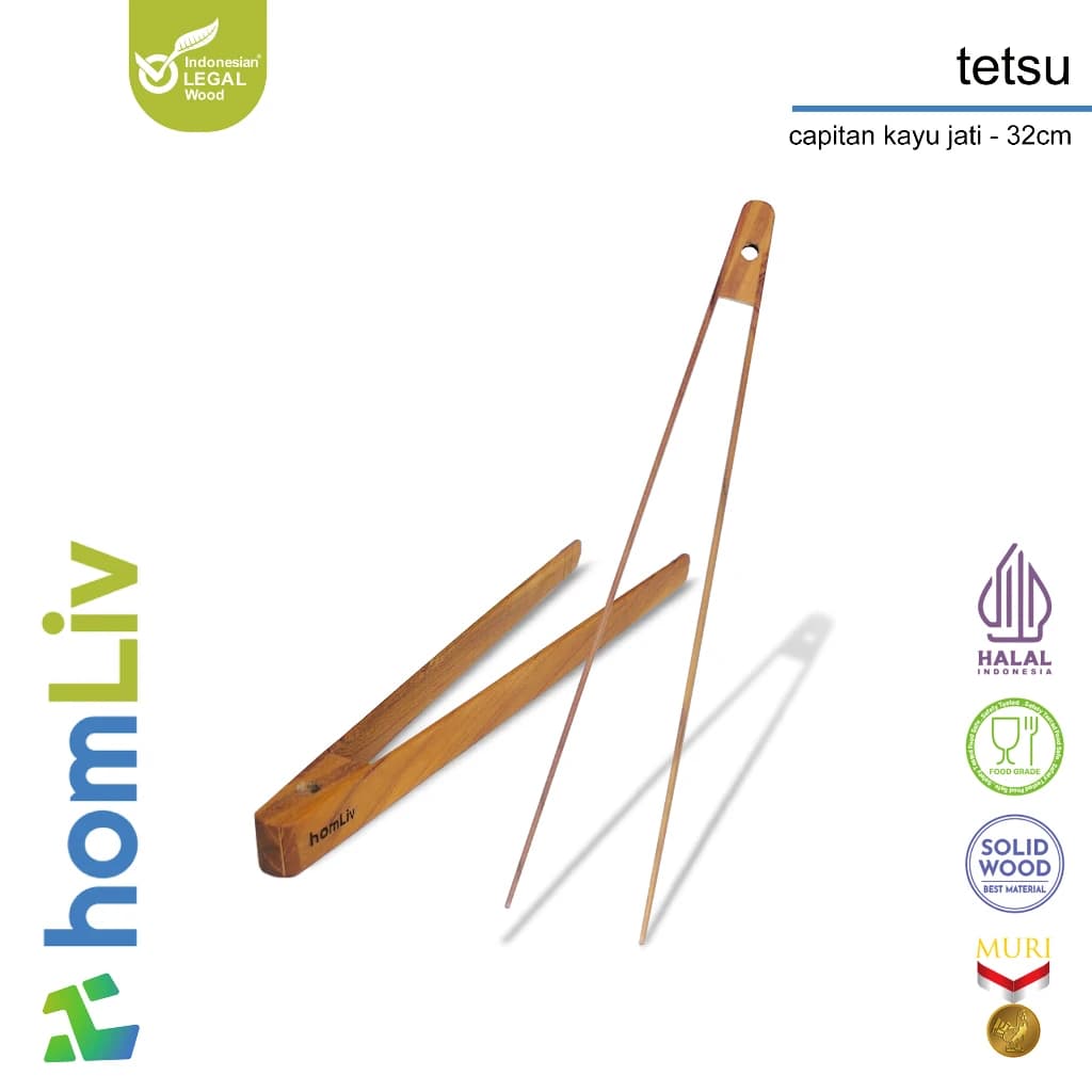 homLiv Heat-Resistant Teak Wood Cooking Tongs 32cm Tetsu Food Grade