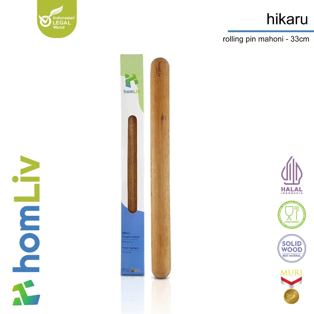 homLiv Mahogany Wood Rolling Pin 33cm Hikaru Wooden Rolling Pin Food Grade