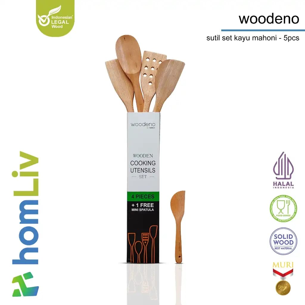 homLiv Mahogany Wood 5-in-1 Cooking Utensil Set Food Grade Woodeno