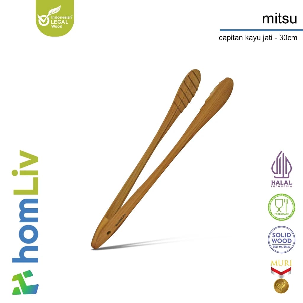 homLiv Heat-Resistant Teak Wood Cooking Tongs 30cm Mitsu Food Grade