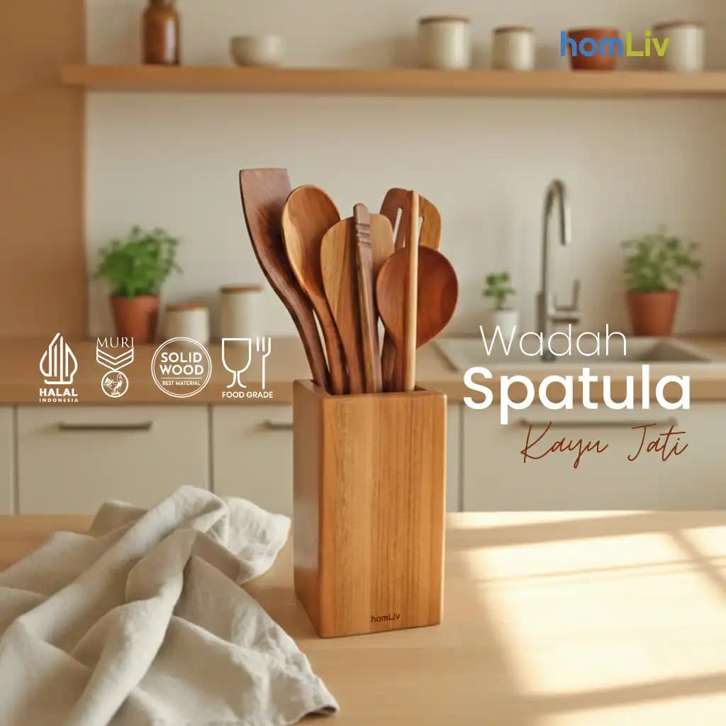 homLiv Teak Wood Rectangular Spatula Holder Box Wooden Spatula Holder