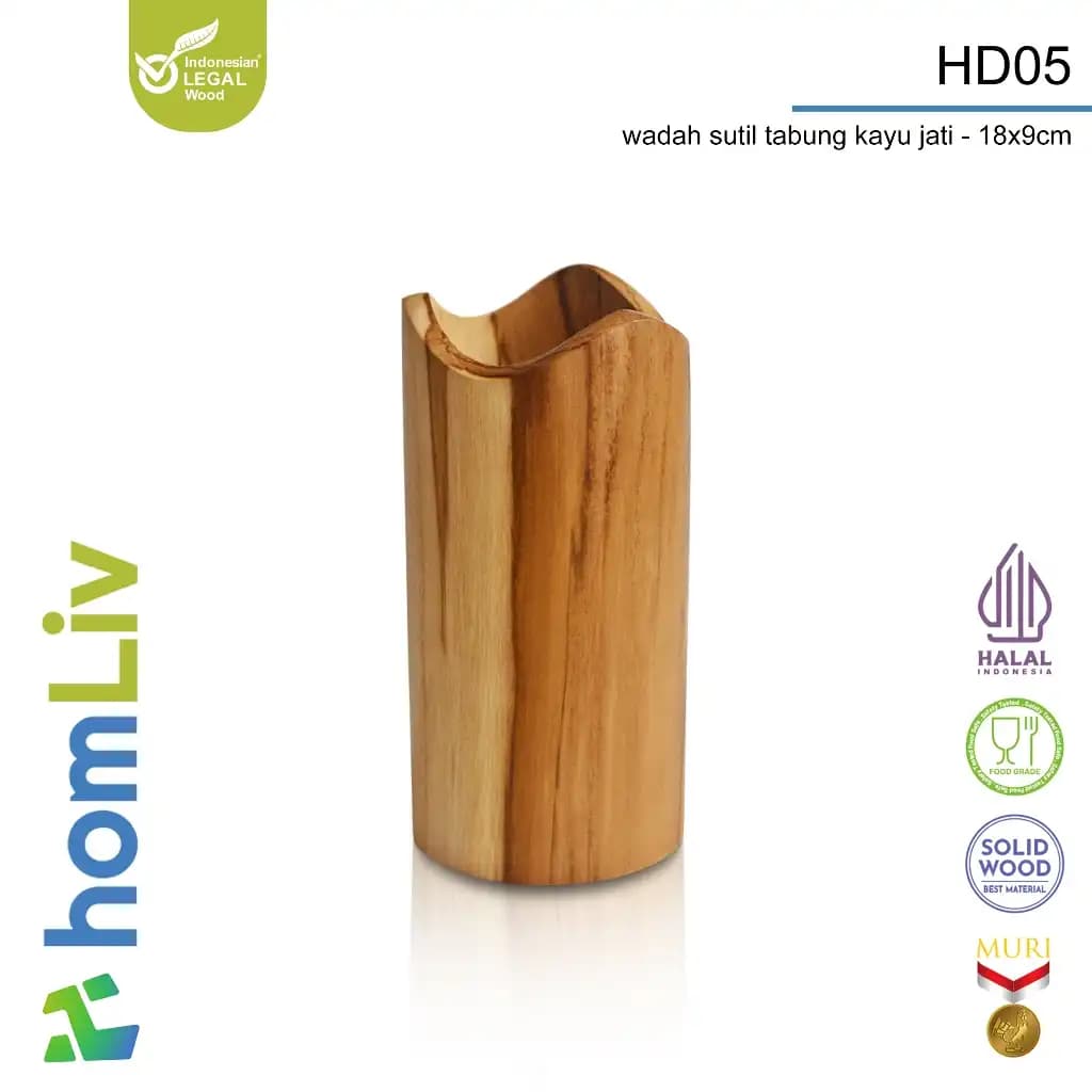 homLiv Teak and Mahogany Wood Spatula Holder 18cm Cylindrical Wooden Spatula Holder