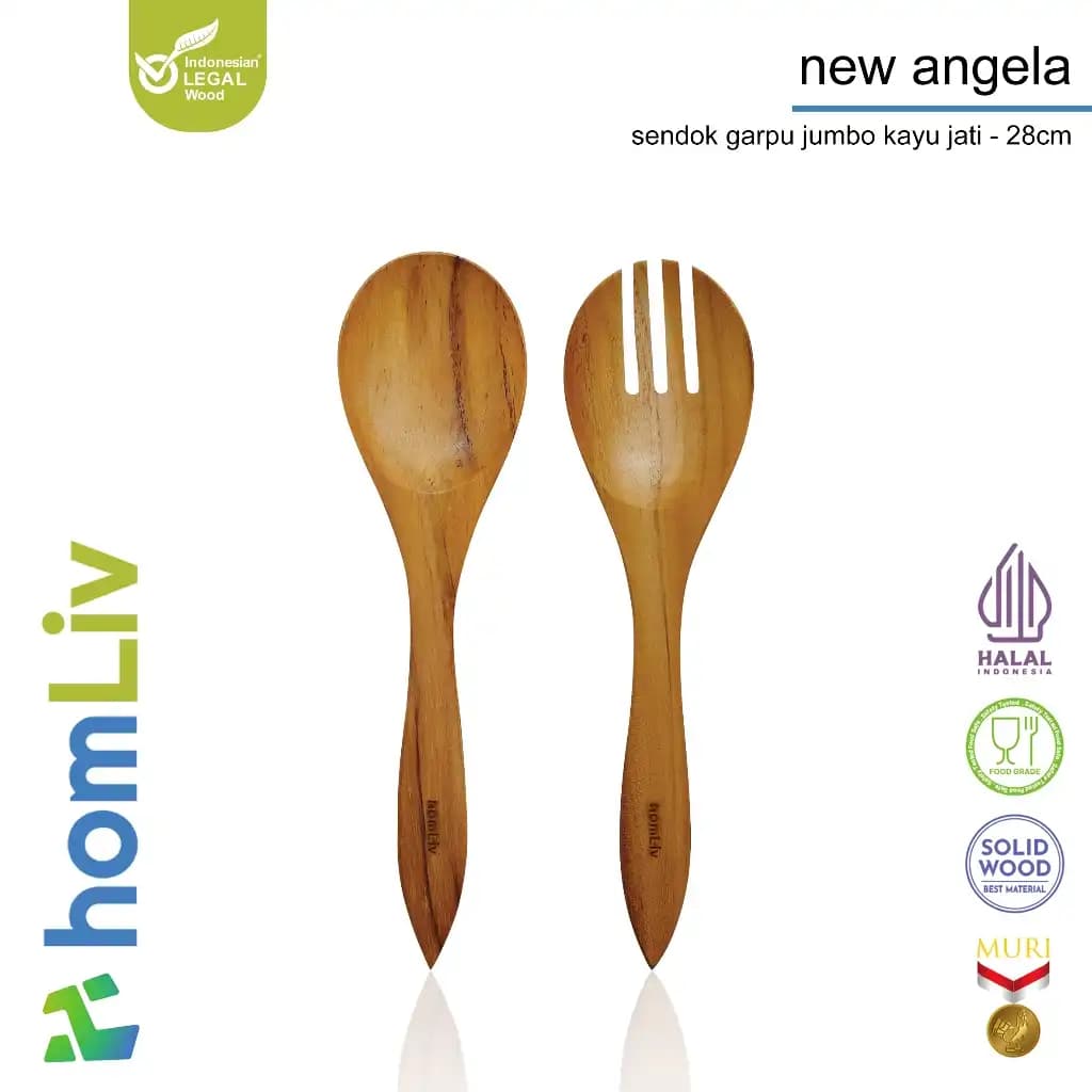 homLiv Jumbo Teak Wood Spoon Fork 28cm Angela Wooden Jumbo Cutlery Food Grade