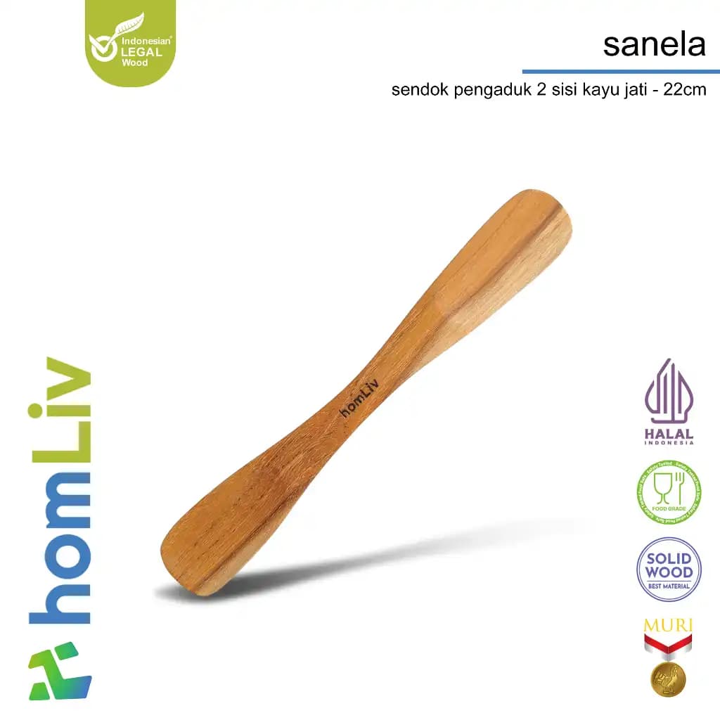 homLiv Double-Sided Wood Stirring Spoon 22cm Sanela Multi-Purpose Food Grade