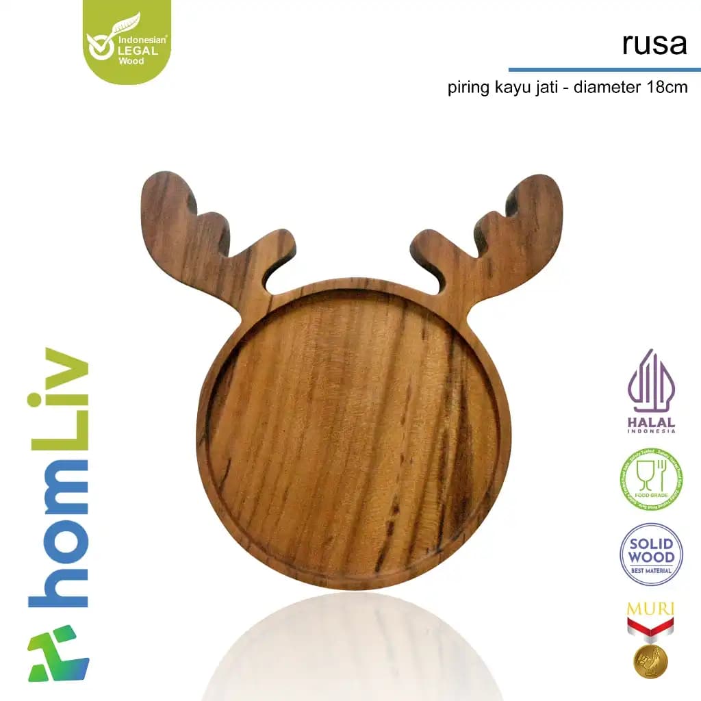 homLiv Round Teak Wood Children's Plate with Deer Antler Design - Wooden Plate Food Grade