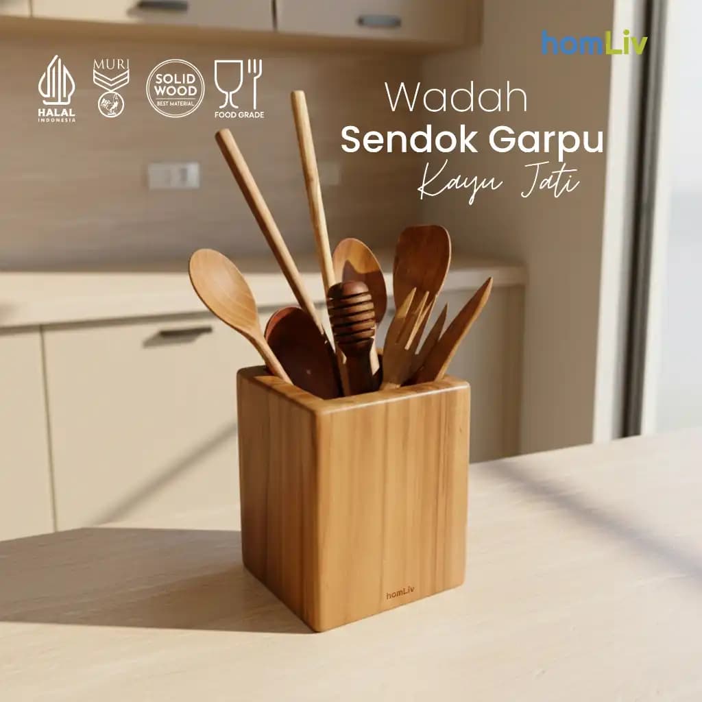 homLiv Teak Wood Square Cutlery Holder Box Wooden Spoon Fork Holder