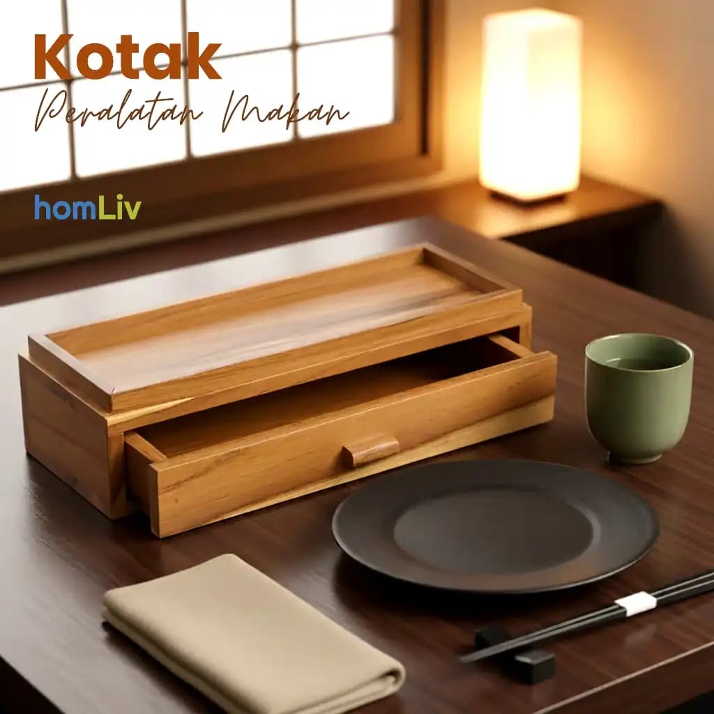 homLiv Teak Wood Cutlery Storage Box Restaurant Wooden Cutlery Holder