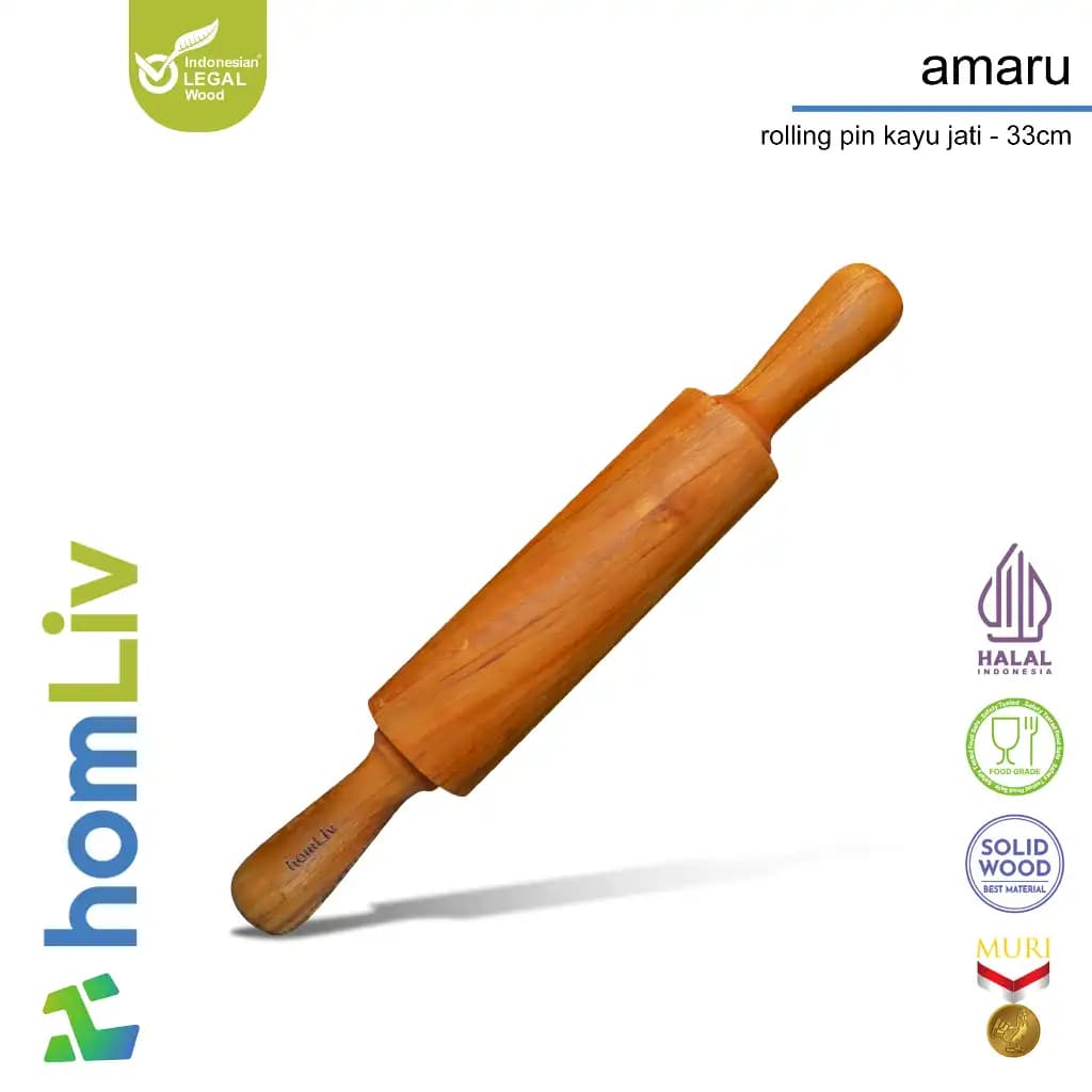 homLiv Teak Wood Rolling Pin with Handle 33cm Amaru Food Grade