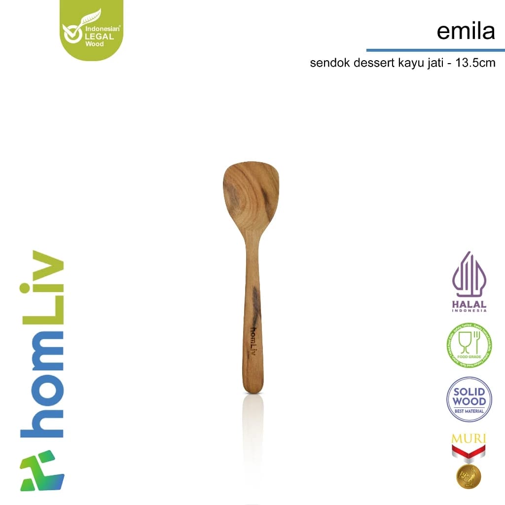 homLiv Teak Wood Dessert Spoon 13.5cm Emila Wooden Dessert Spoon Food Grade