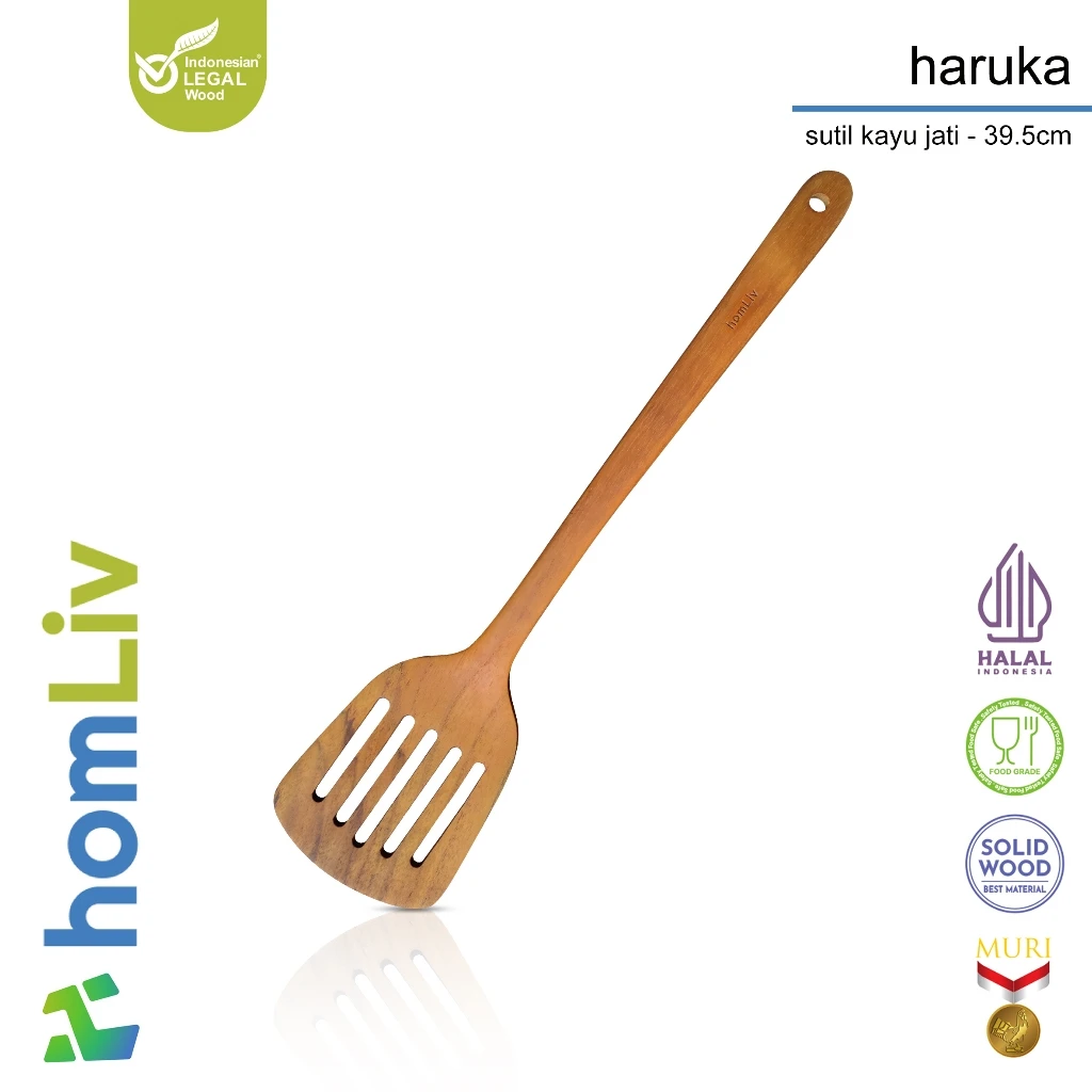 homLiv Sutil Lubang Kayu Jati 39.5 Cm Haruka Alat Masak Food Grade 07257
