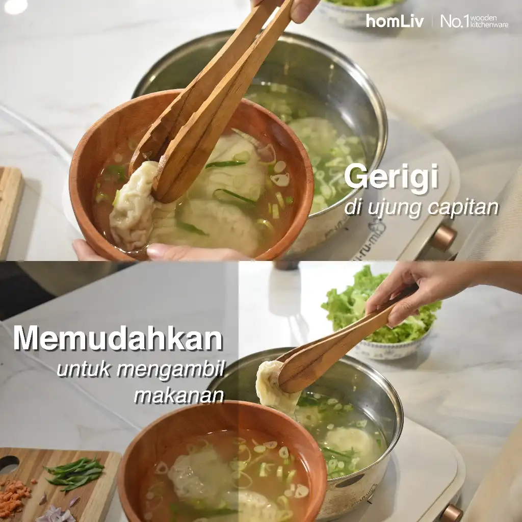 homLiv Capitan Makanan Tahan Panas Kayu Jati 30cm Mitsu Wooden Tongs Food Grade 3