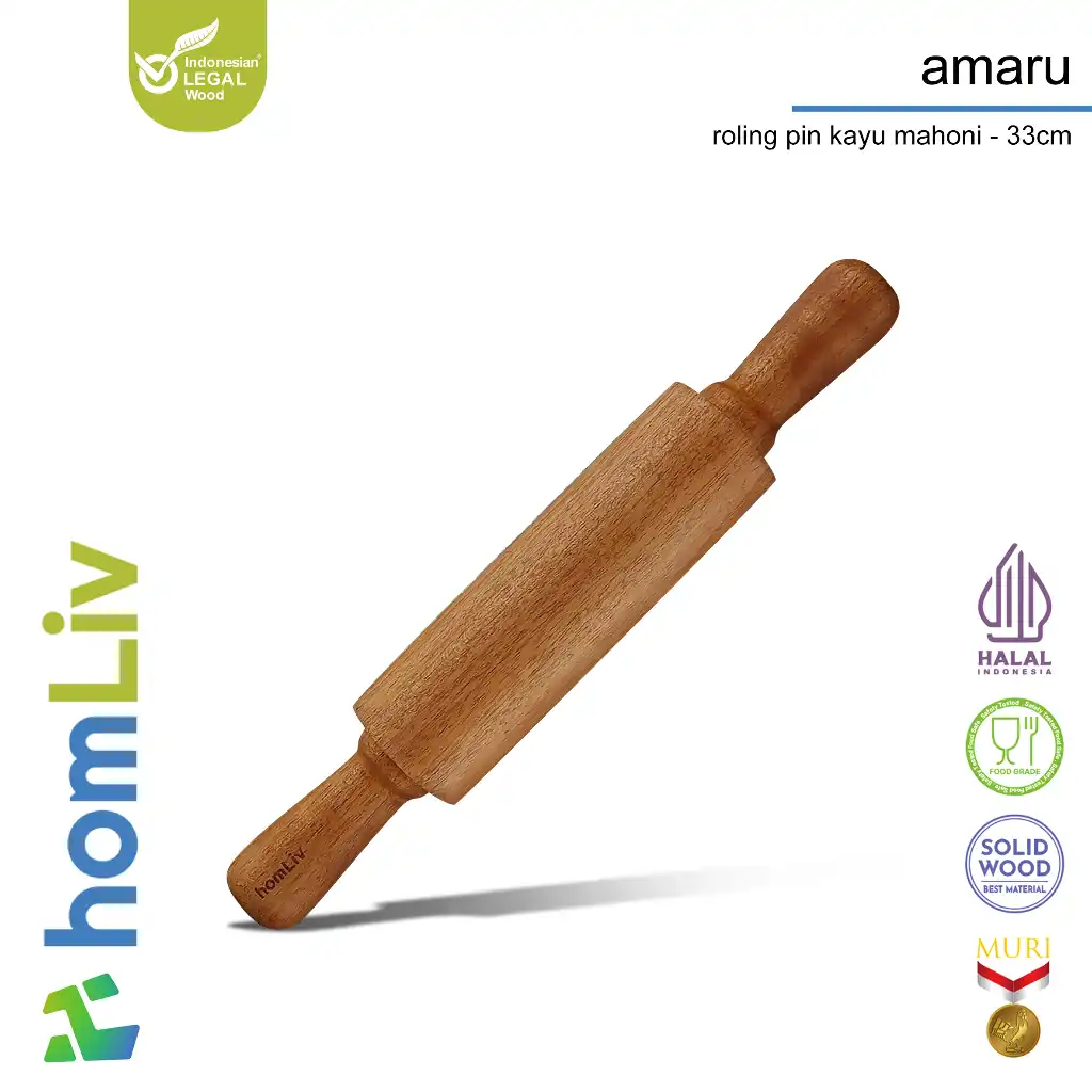 homLiv Penggiling Adonan Kayu Mahoni Pegangan 33 Cm Amaru Mahoni Wooden Rolling Pin With Handle Food Grade